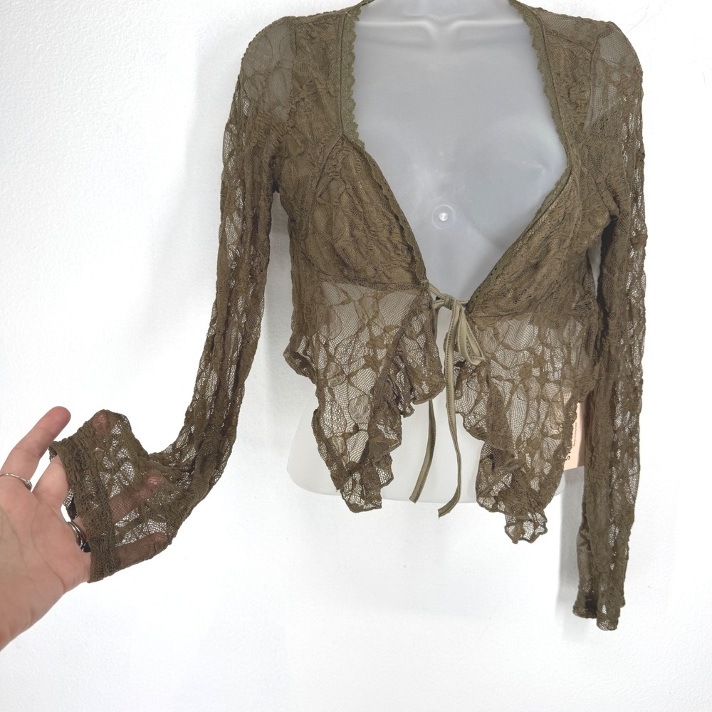 Olive Green Floral Sheer Lace Tie Bolero Cropped Shrug Long Sleeve Top S NEW